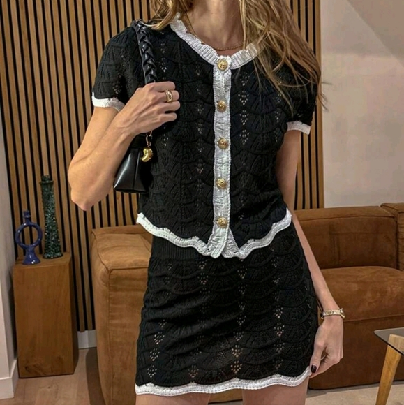 2pcsCasualFitted Crew Neck Short Sleeve Knit Contrast Color Pullover Sweater Set